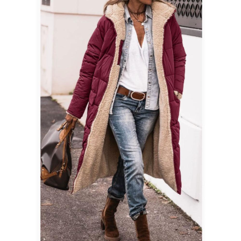 Solid Color Double-Sided Wear Hooded Cotton Coat, Thickened Slim Fit Long Sleeve Long Open Front Jacket