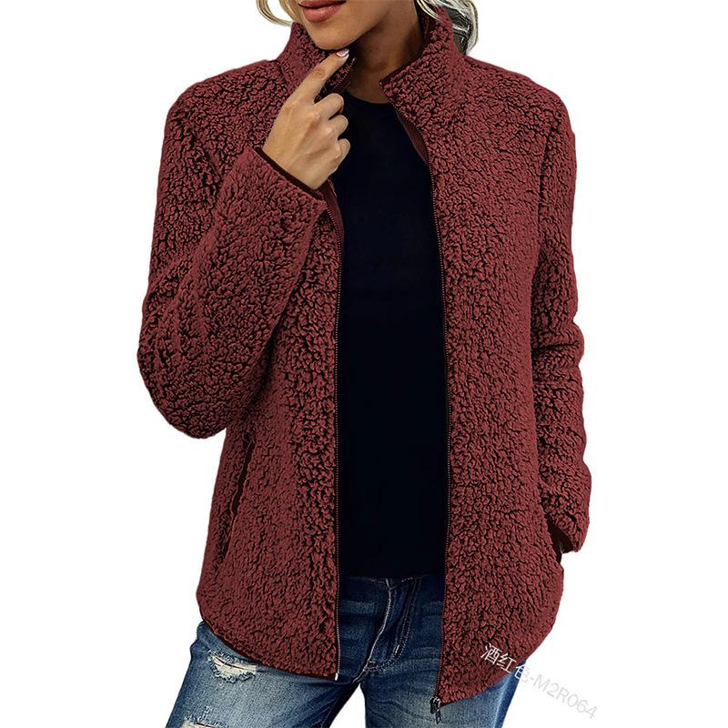 Chaqueta de felpa informal con cremallera y cuello alto de manga larga de color sólido para mujer