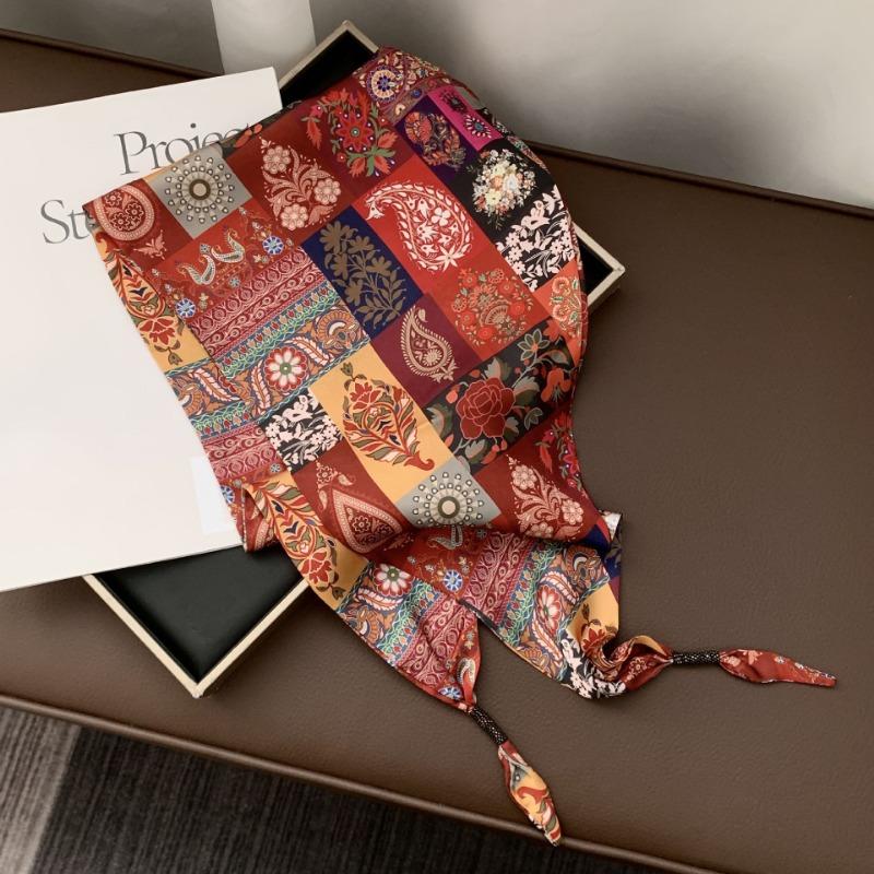 Silk scarf new fashion wheat ear cashew flower silk scarf head scarf beaded small scarf scarf triangular scarf waist tie