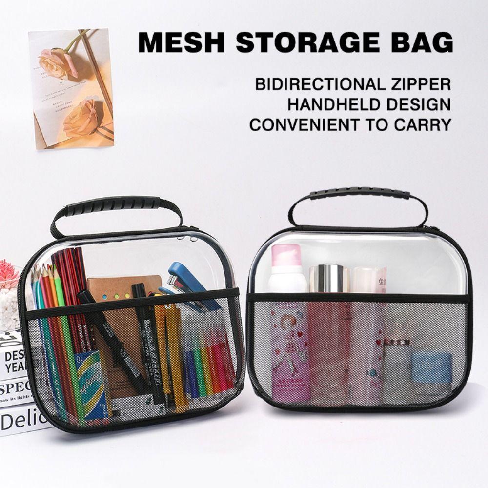 Front Mesh Pocket Toiletries Packaging Bag Transparent Zippered Hard Pouch Small Items