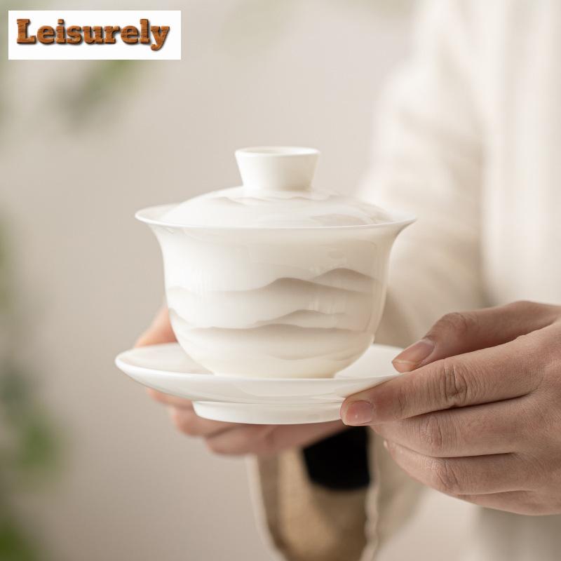 Boutique Sheep Fat Jade Porcelain Gaiwan Aesthetic Ink Mountains Tea Brewing Cup Tea Tureen Tea Maker Cover Bowl Tea Items Craft