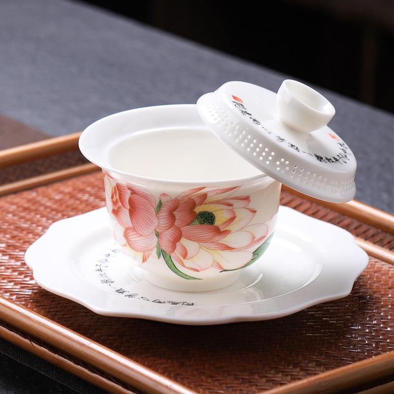 Large Dehua Mutton Fat Jade Ceramic Tea Bowl Set with Three Talents Lid