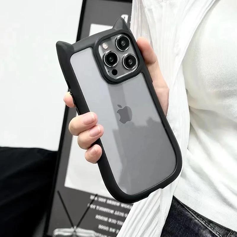 Cute Cat Ear Transparent Case For iPhone 17Air 12 13 14 15 16 Pro Max 11 Shockproof Acrylic Back Cover Silicone Kawaii Funda