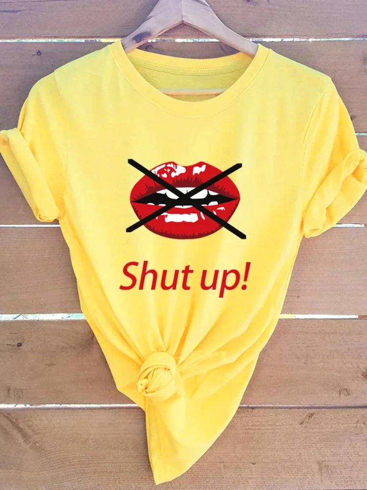 Shut Up Red Lip Print Women T Shirt Short Sleeve O Neck Loose Women Tshirt Ladies Tee Shirt Tops Clothes Camisetas Mujer