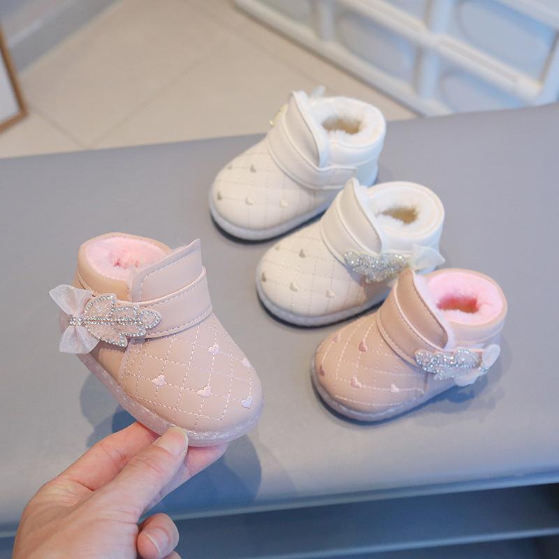 Winter girls' shoes cotton shoes princess leather shoes thickened warm velvet baby soft sole warm baby toddler shoes