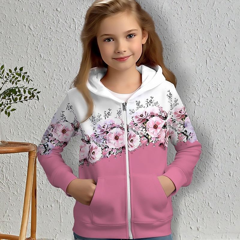 Mädchen 3D Blumen Kapuzenmantel Oberbekleidung Rosa Langarm 3D Druck Herbst Winter Aktive Mode Niedlich Kinder 3-12 Jahre