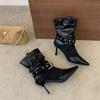 Rich autumn and winter new retro pointed fashion medium boots splicing belt buckle sleeve wrinkled stacking boots