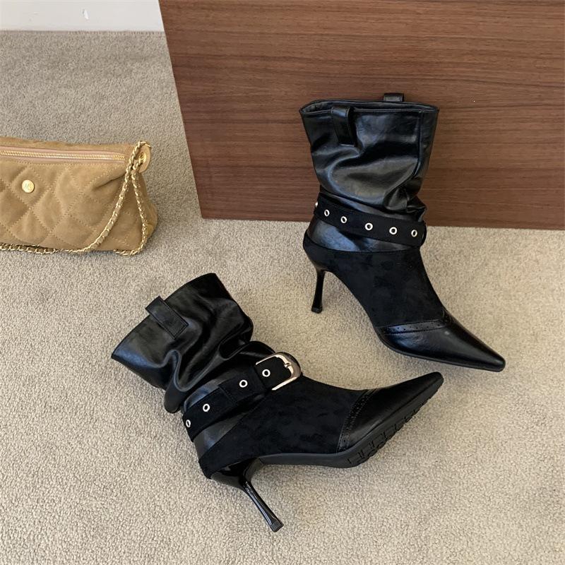 Rich autumn and winter new retro pointed fashion medium boots splicing belt buckle sleeve wrinkled stacking boots