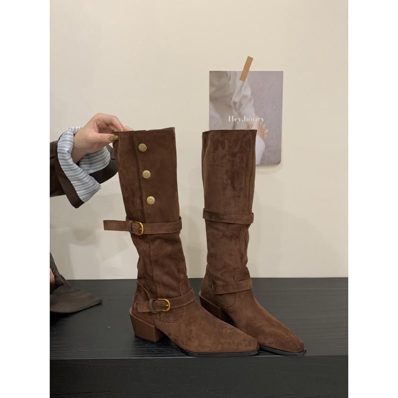 2025 Autumn and Winter New Suede Western Button Stacking Boots Women's Square Head Thick Heel Heel Knight Boots