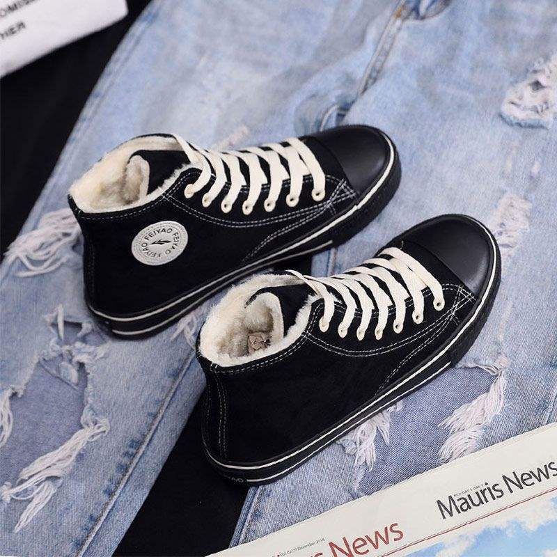 Autumn and Winter High-top Couple Large-size Canvas Board Shoes Children Black Velvet Cotton Shoes Work Leisure Flat-bottom Fashion Trend