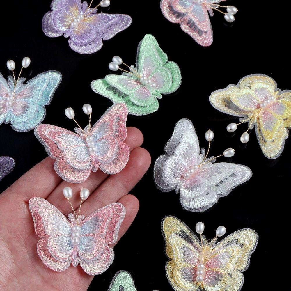 10Pcs 3D Mesh Pearl Butterfly Appliques Double-layer Chinese Style Butterfly Embroidered Patches Cloth
