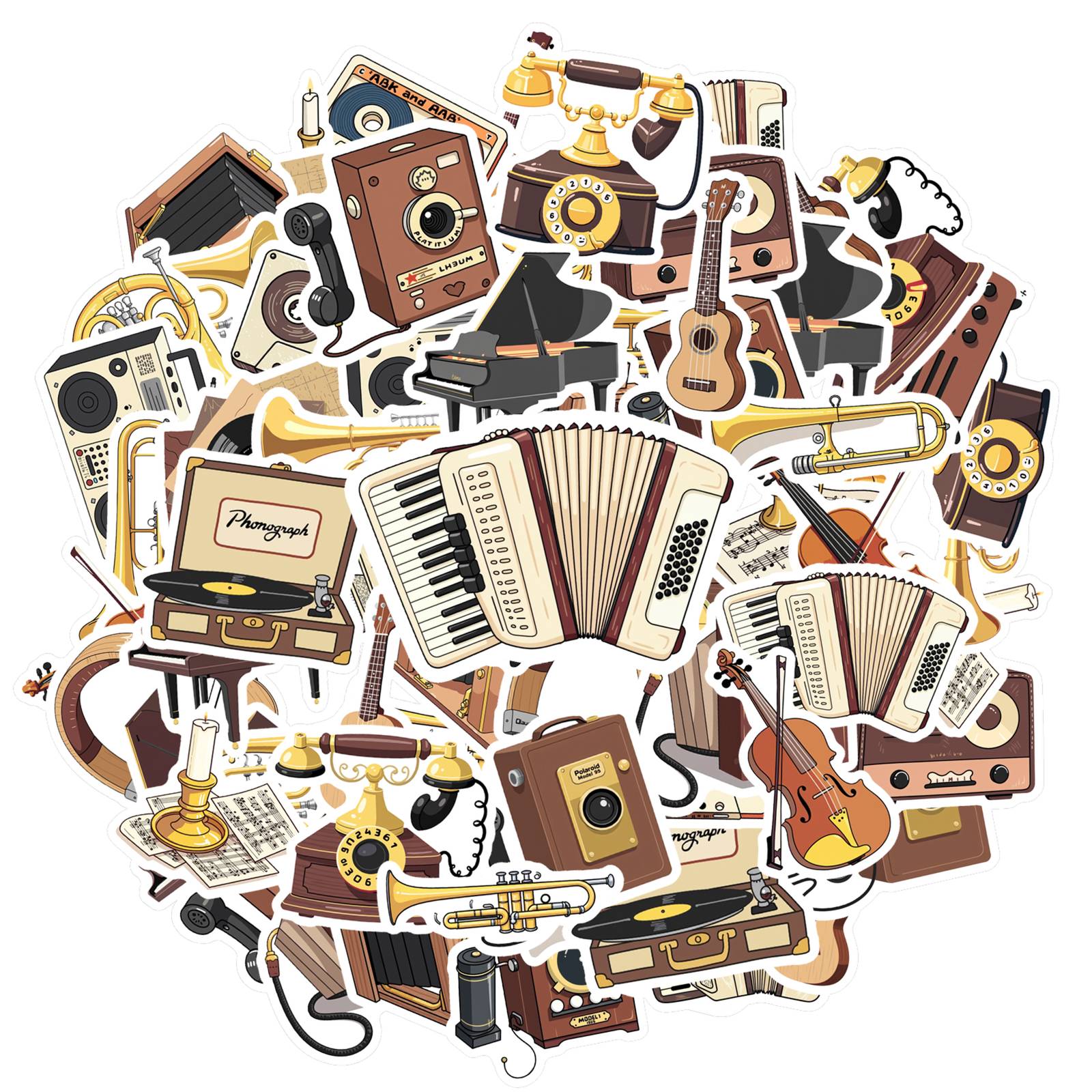 35pcs-50pcs Nostalgic Vintage Music Stickers Retro Retro Instruments Stationery Stickers Classic Stickers Pack For Laptop