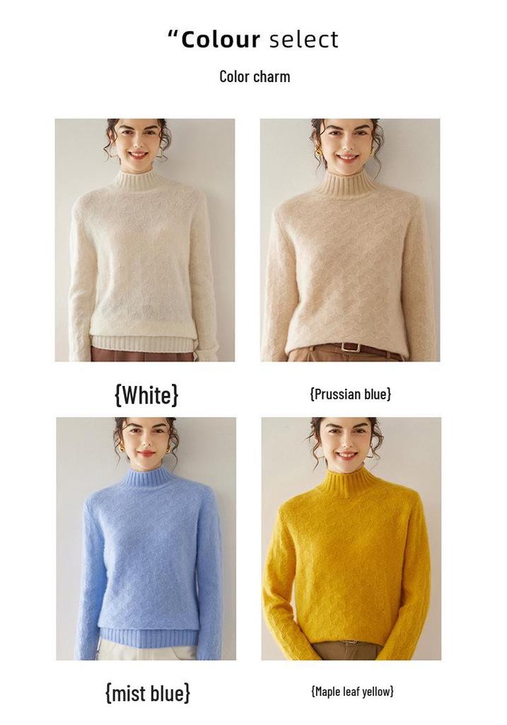 Twisted Flower Half-High Collar Cashmere Knit Sweater - Women's Solid Color, Long-Sleeve, Versatile Pullover, Comfortable Base Layer.
