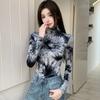 8 ink bottoming shirt women's retro trend versatile semi-turtleneck gradual change tie-dye printing women's spring and autumn tops