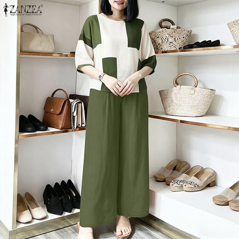 ZANZEA Women 3/4 Sleeve Print Blouse and Pants Casual Two Piece Suit Sets