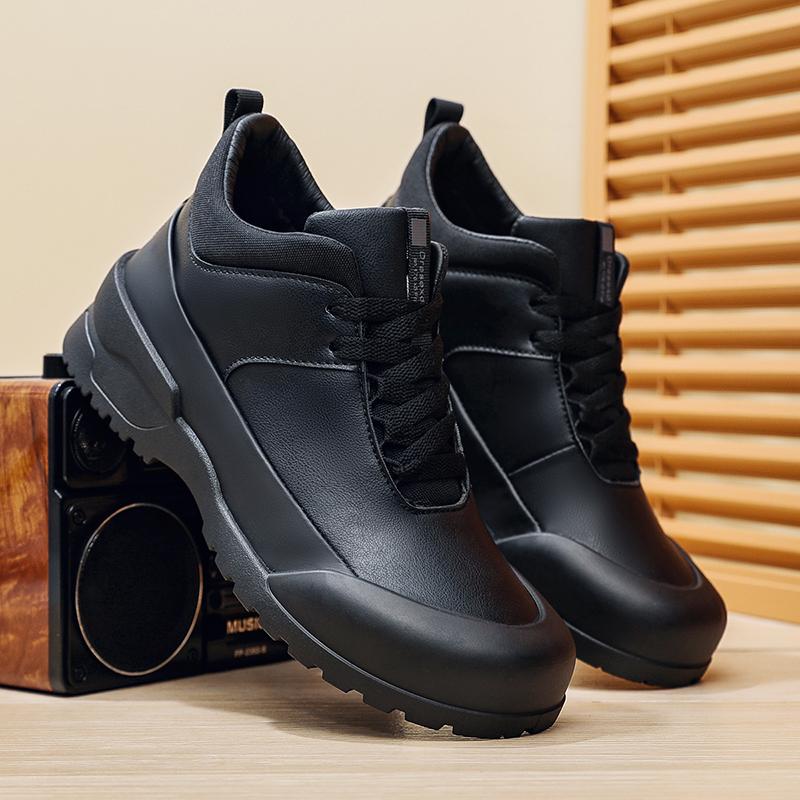 Men's Winter High-Top Casual Leather Shoes Lightweight Comfortable Sports Outdoor Thick Bottom Dad Shoes Round Toe Rubber Sole