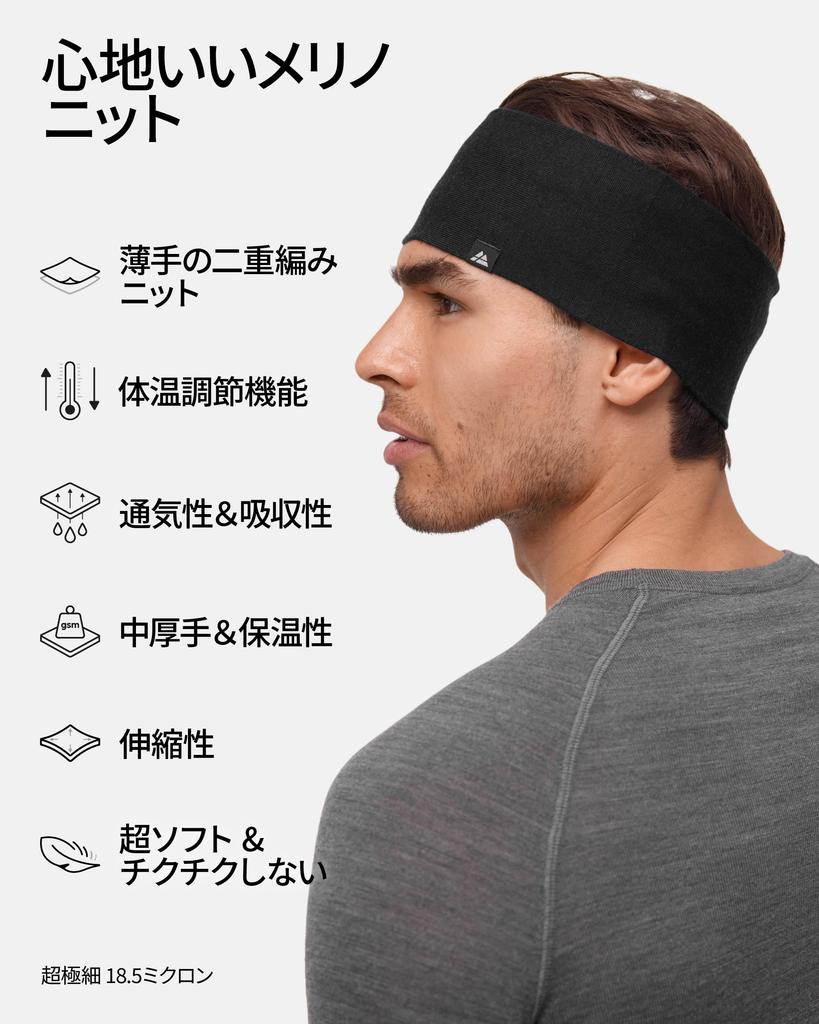 DANISH ENDURANCE Merino Wool Headband, Sweat-Wicking, Quick-Drying, Antibacterial, and Odor-Resistant, Black, L/XL