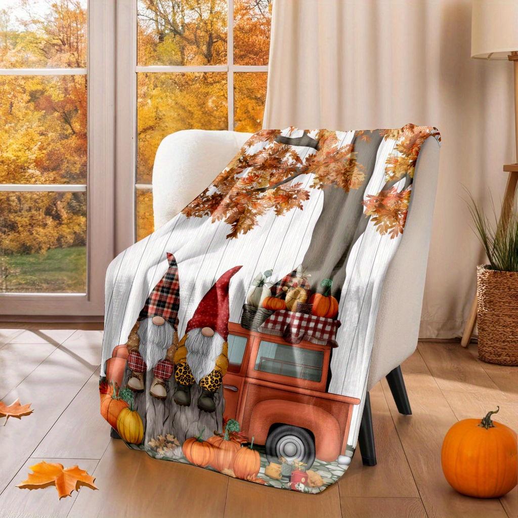 1pc Cozy Soft Flannel All-Season Throw Blanket - Plush Warmth with Gnome & Vintage Truck Design, Autumn Harvest Pumpkins, Leaves in Orange Red Yellow