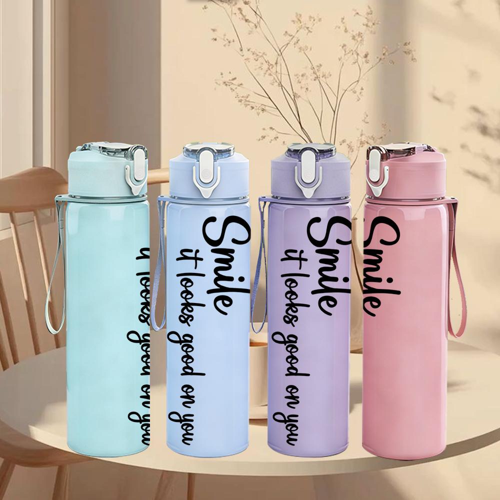1PC Smile Vertical Quote Line Art 750ml Color Plastic Sports Water Bottle Leakproof Flip Straw Lid Suitable for Sports Office Home Use