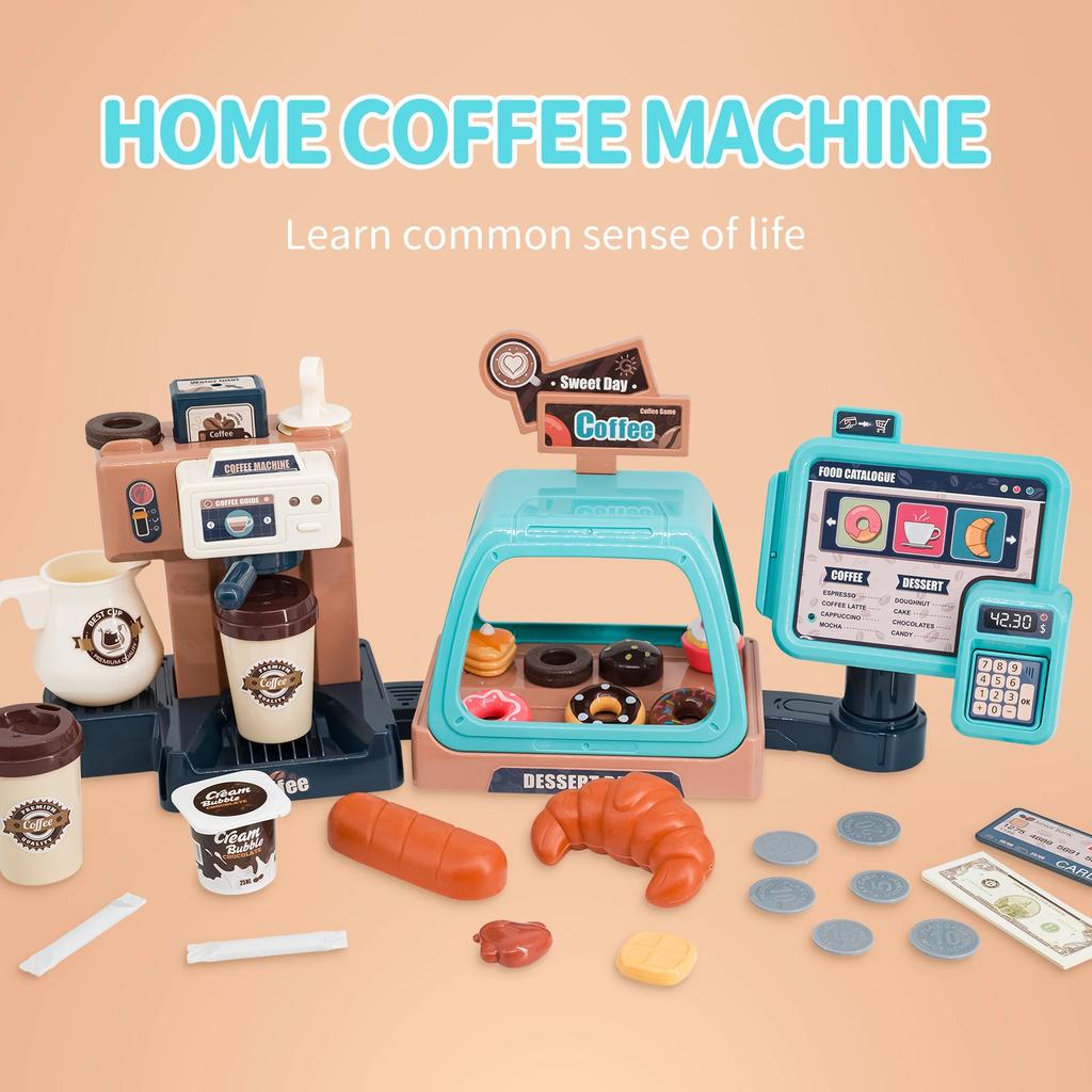 Non-Toxic 3 In 1 Coffee Machine Toy Set Kitchen Toys Simulation Food Bread Coffee Cake Pretend Play Shopping Cash Register Toys For Kids