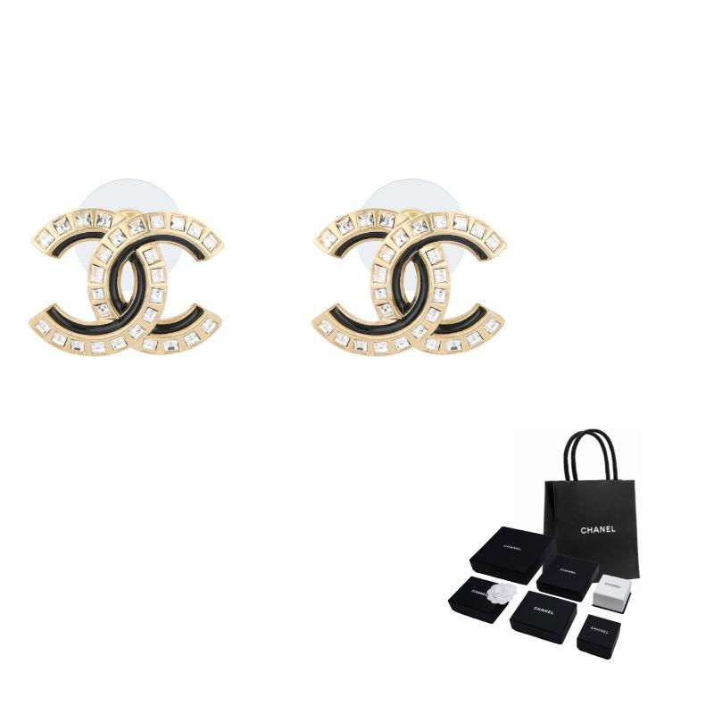 CHANEL Double C Logo Design Metal Stud Earrings Women's Gold