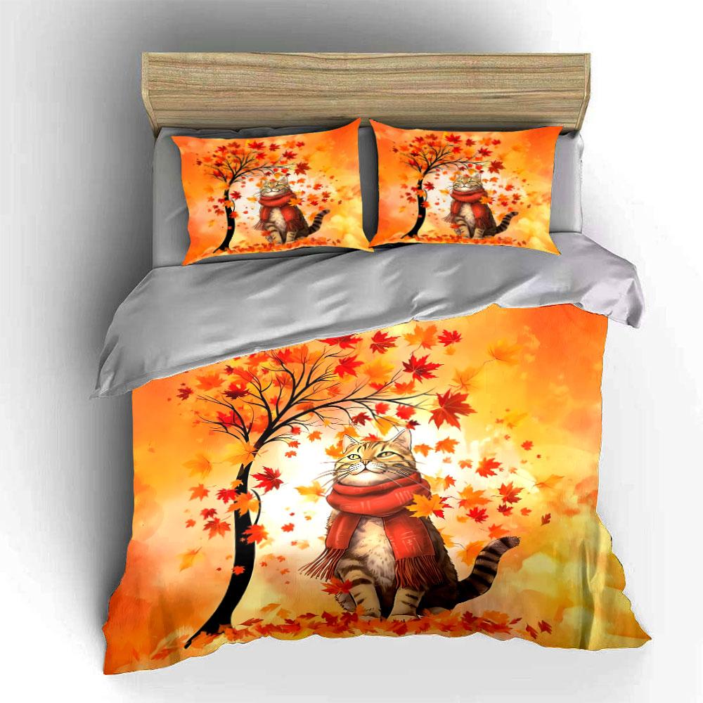 Autumn Cat Art Decor Soft Comfortable Duvet Cover Bedding Set Included 1*Duvet Cover & 2*Pillowcases, Gift