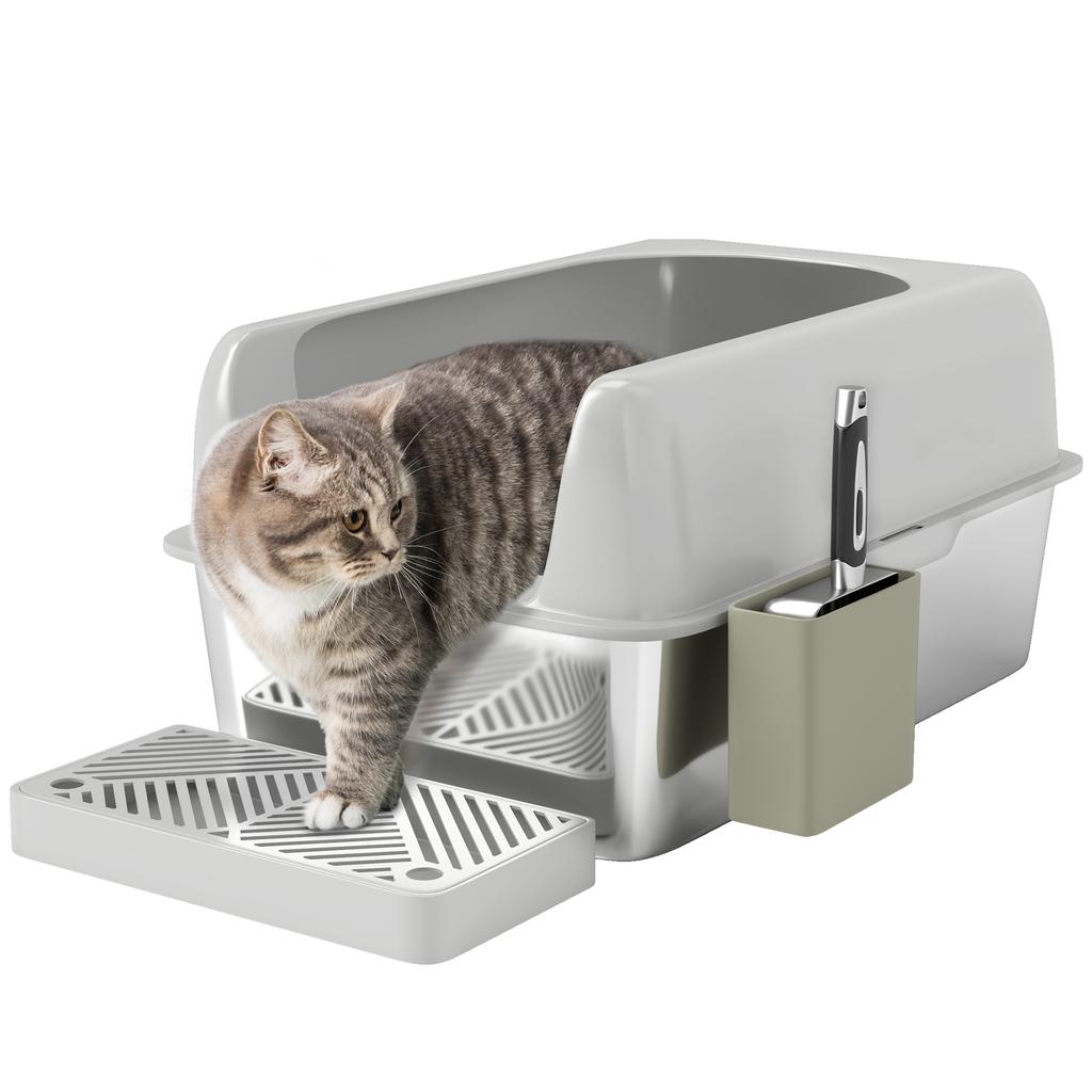Cat Litter Box, Cat Toilet, Stainless Steel, High Walls, Storage Box, Light Gray