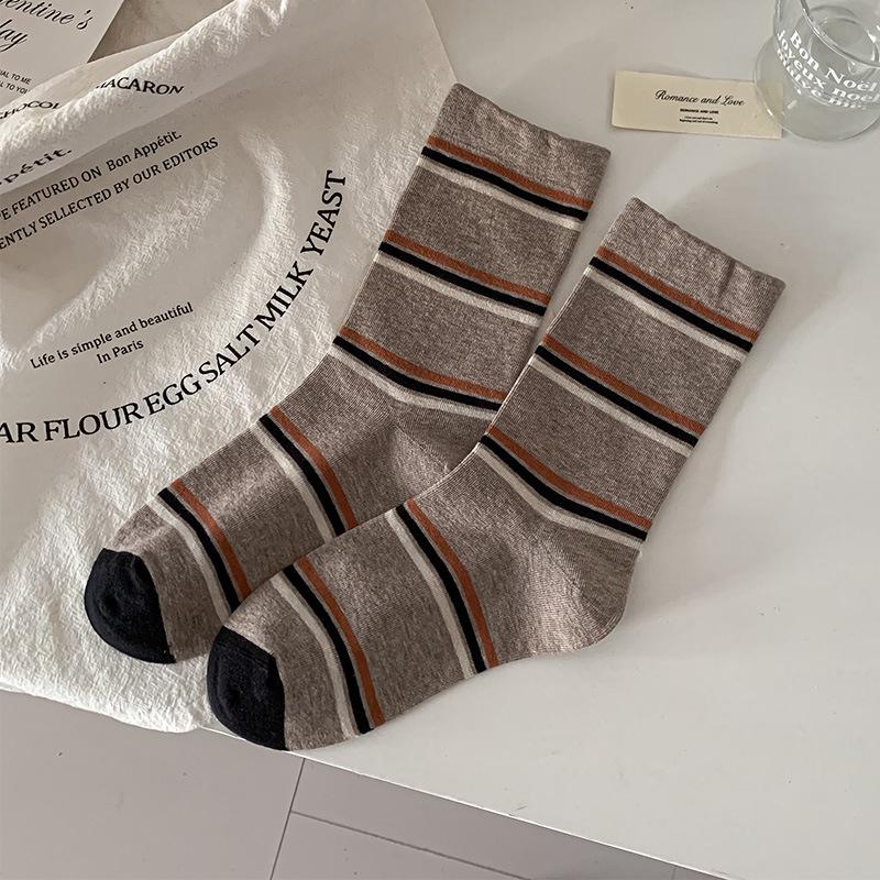 Retro Maillard Coffee Striped Mid-Calf Socks for Women - Autumn/Winter Academic Style Fashion Block Korean Loose Fit.