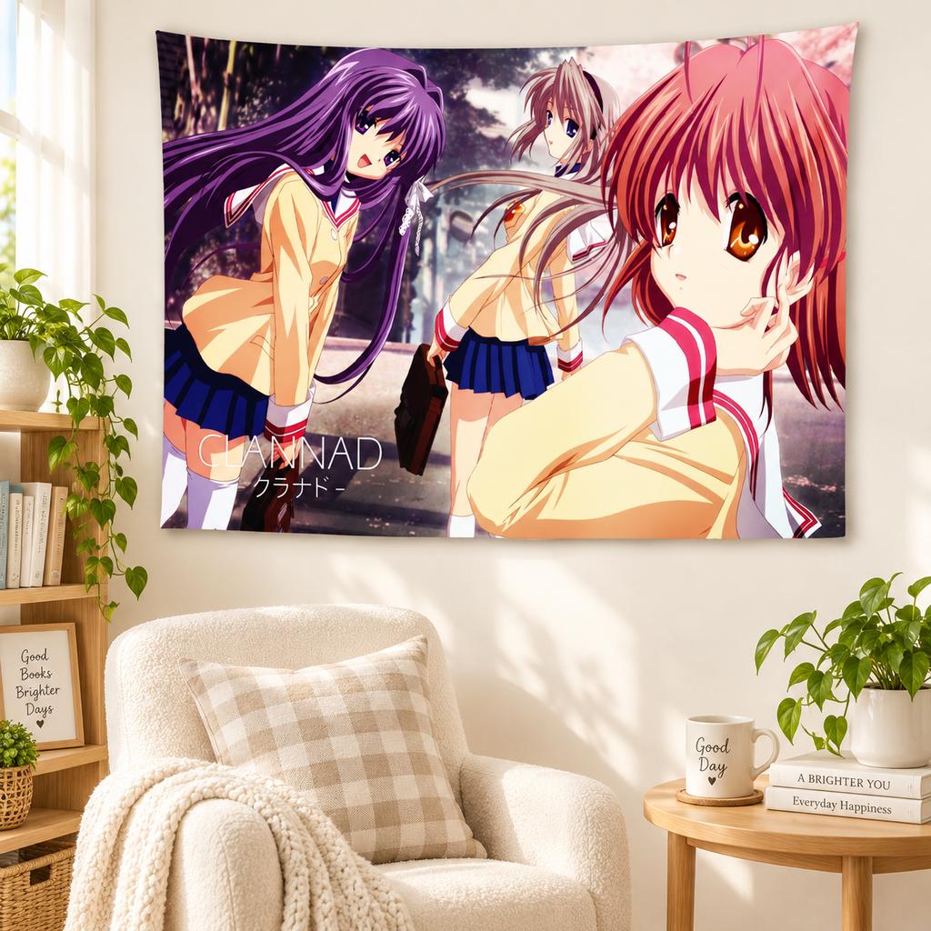Clannad Anime Girl Wall Tapestry Classic School Uniform Characters Print Wall Hanging Cloth for Dorm Bedroom Aesthetic Room Deco