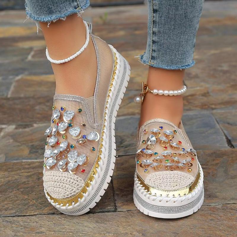New Student Casual Board Shoes One Pedal Four Seasons Color Rhinestone Muffin Thick-soled Loafer Flat-soled Single Shoes Women