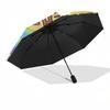 Cow and Chicken Automatic Opening/Closing Umbrella with Tie Dye Pattern Portable 3 Fold Design, 8 Bone Iron Frame Outdoor Umbrella for Festi
