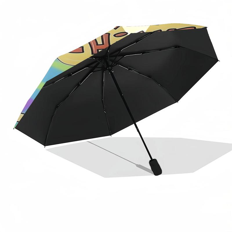 Cow and Chicken Automatic Opening/Closing Umbrella with Tie Dye Pattern Portable 3 Fold Design, 8 Bone Iron Frame Outdoor Umbrella for Festi