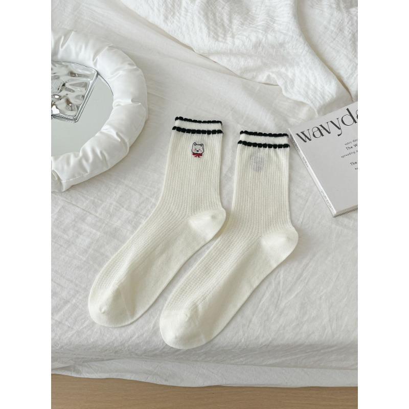 Cartoon Socks, Women's Mid-calf Socks, Trendy Early Autumn, Cute School Style, Bow, Puppy, Striped Long Socks