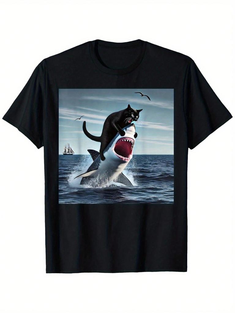 T-shirt Grafica Gatto che Morde Squalo Vestibilità Rilassata 100% Cotone Manica Corta Casual Comoda Lavabile in Lavatrice