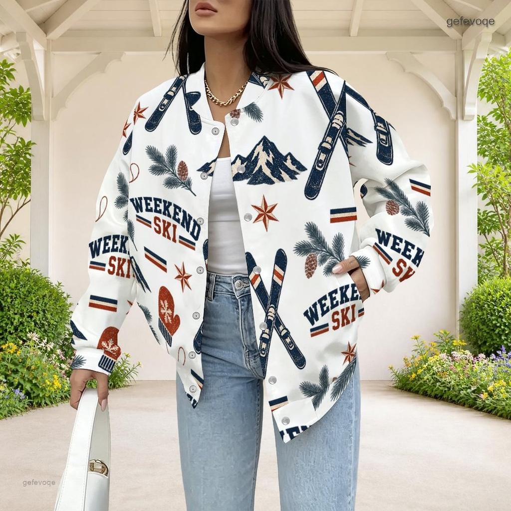 Women Plus Size White Rose Printed Baseball Collar Long Sleeve Jacket With Pockets