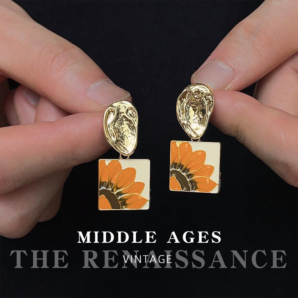 Легкие средневековые [Подсолнухи Ван Гога] ретро масляная живопись дизайнерское чувство цветочные серьги квадратные ушные украшения