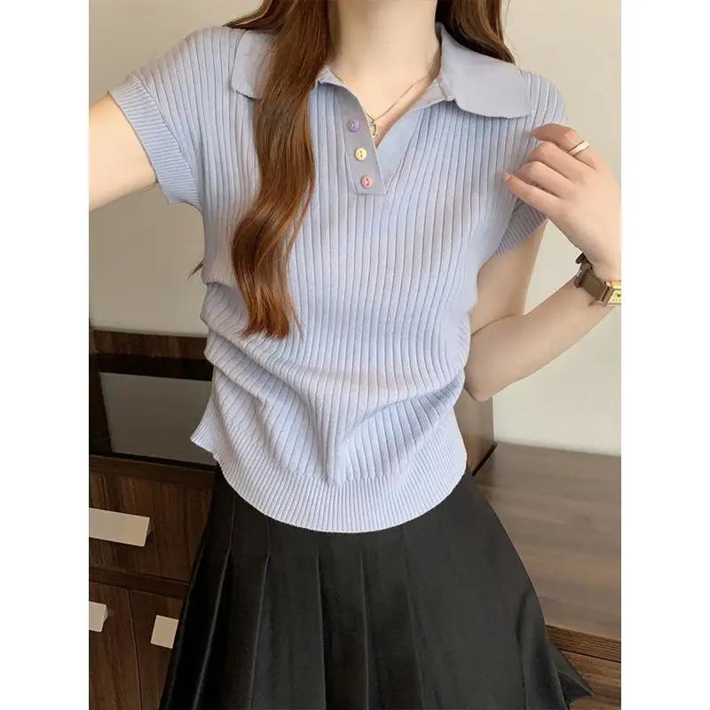 

Women s Black Ribbed Knit Polo Top Short Sleeve Button V Neck Casual Slim Fit Blouse S синій