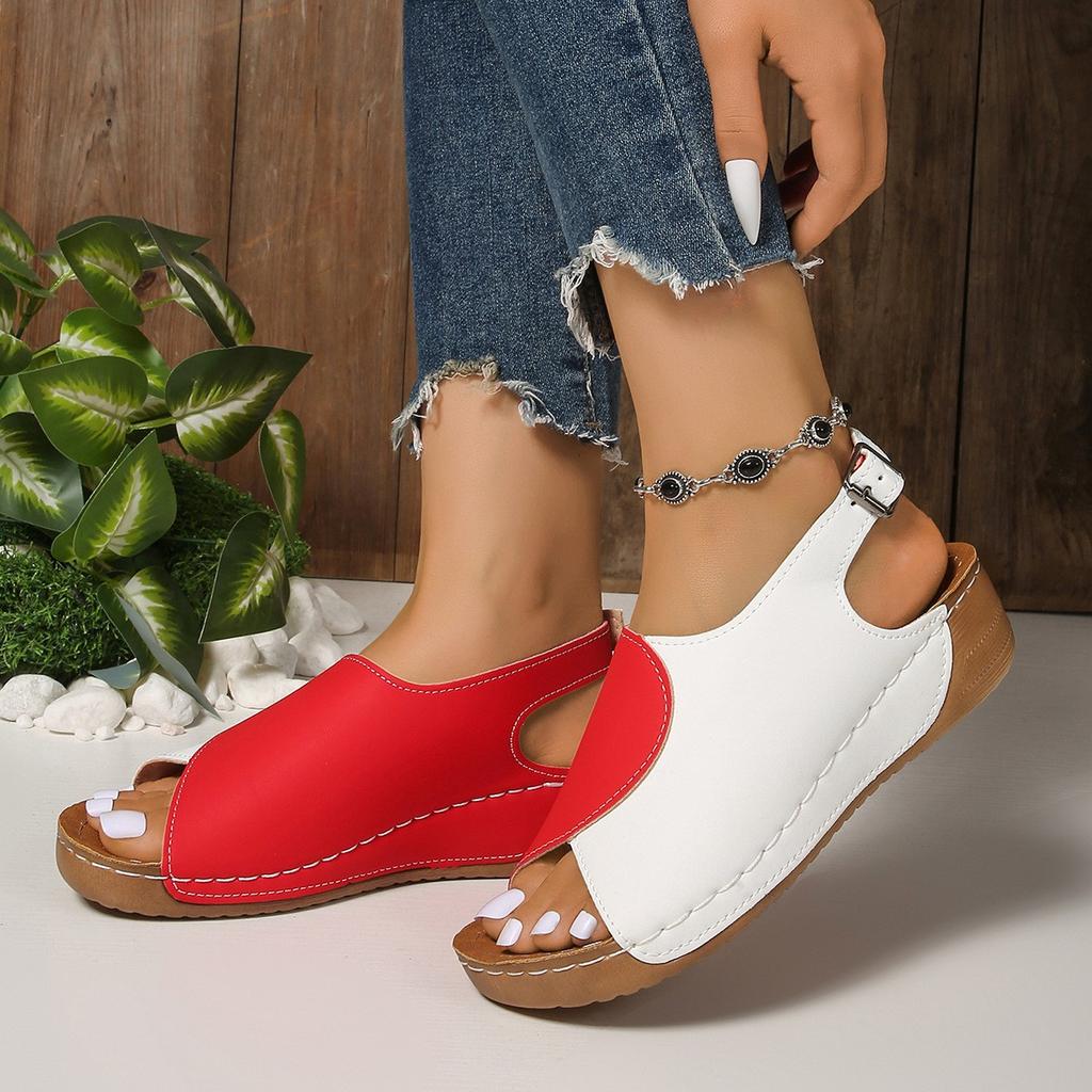 Fashion The 2025 Summer New Thick-soled Fish-mouth Two-tone Women's Shoes, Large-sized Velcro Perforated Beach Shoes