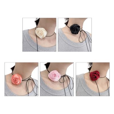 Fashion Silk Rose Flower Choker Necklace Long Lace-up Choker Temperament Neckband Jewelry Clavicle Chain Necklace
