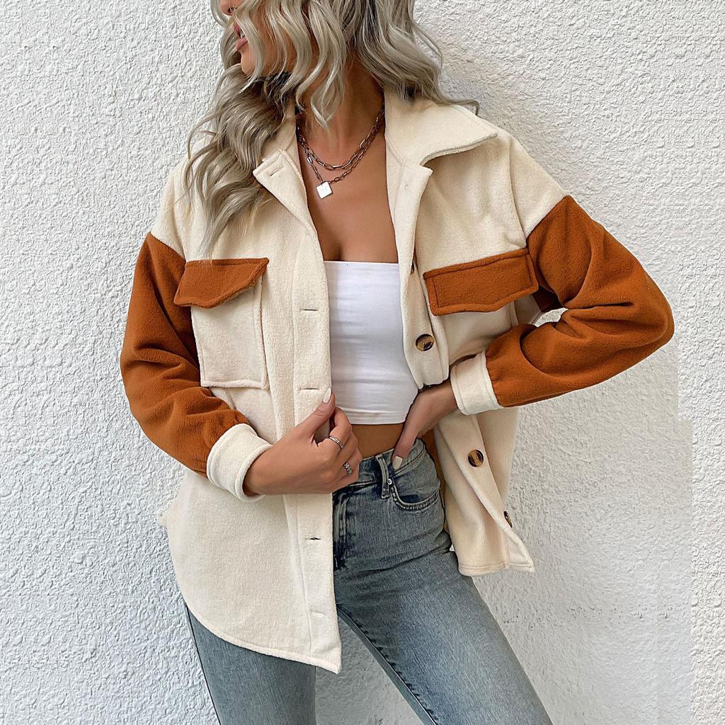 Women's Spliced Woolen Warm Polar Fleece Lapel Thickened Jacket