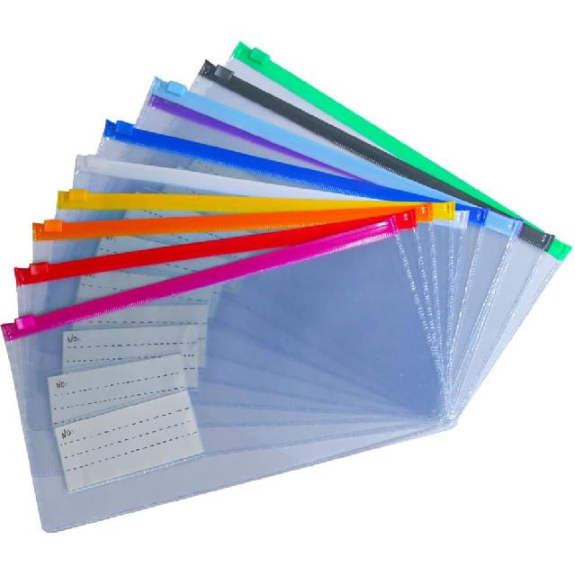10 Pack Plastic Envelopes Pencil Pouch,Clear Pencil Bags with Zipper,10 Colors with Label Reble Pencil Pouches for Office Supplies (A-Multicolor)