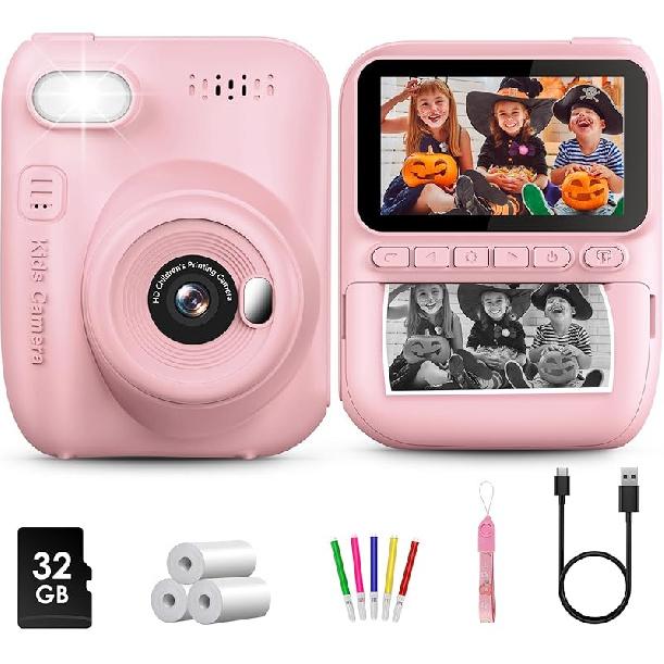 Kids Instant Print Camera, 3.0-inch HD Screen 32MP Photo Instant Digital Camera Christmas Birthday Gifts Toys for Children Girls Boys Age 3-12 - Pink