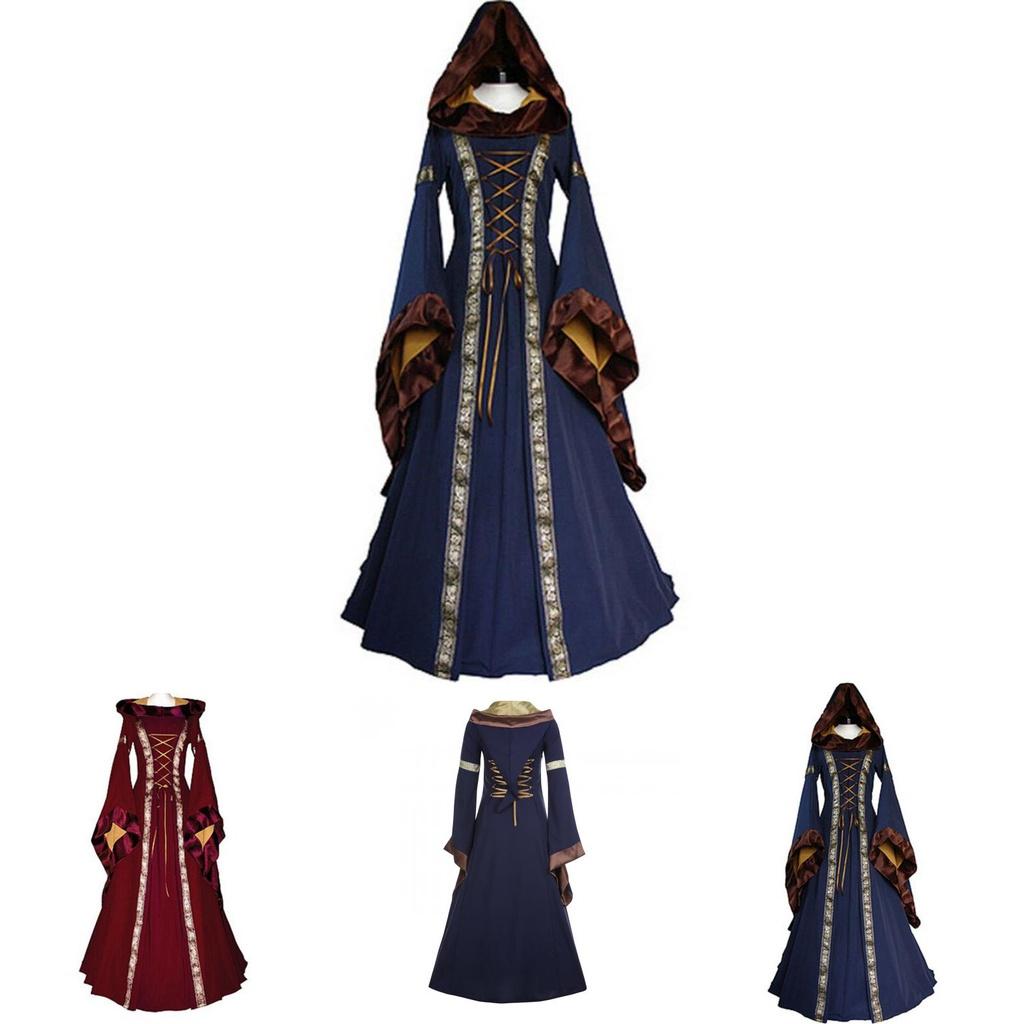 Costume Abito Medievale Gotico Vintage da Donna Abito Vittoriano Rinascimentale con Cappuccio Retrò