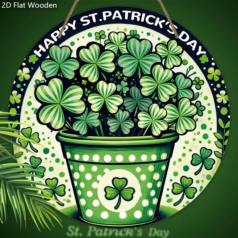 Rustic Wooden Sign with  Shamrock Lucky Clover Pattern, Round Sign for Front Door, Wall Hanging Decor - Ideal St Patricks Day Gift for Family & Friend