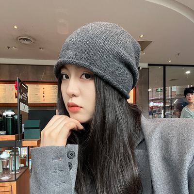 Wool Knitted Hat for Women In Autumn and Winter Face Showing Small Curled Heap Pile Hat Warm Confinement Hat Ear Protection Gray Cold Hat for Men