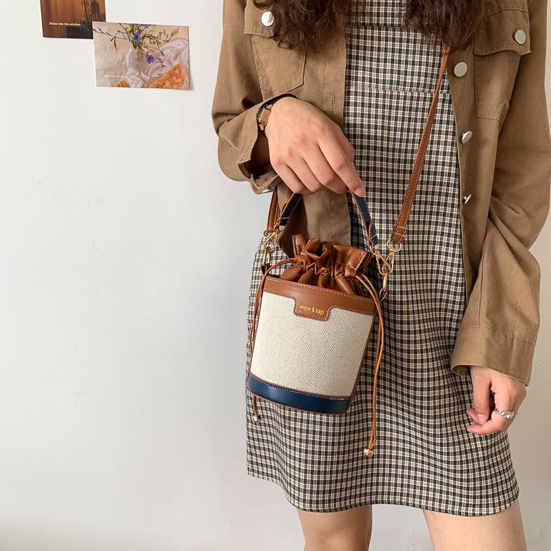 Vintage Color Block Bucket Bag Trendy Shoulder Purse Fashion Round Cylinder Crossbody Handbag for Women CLE