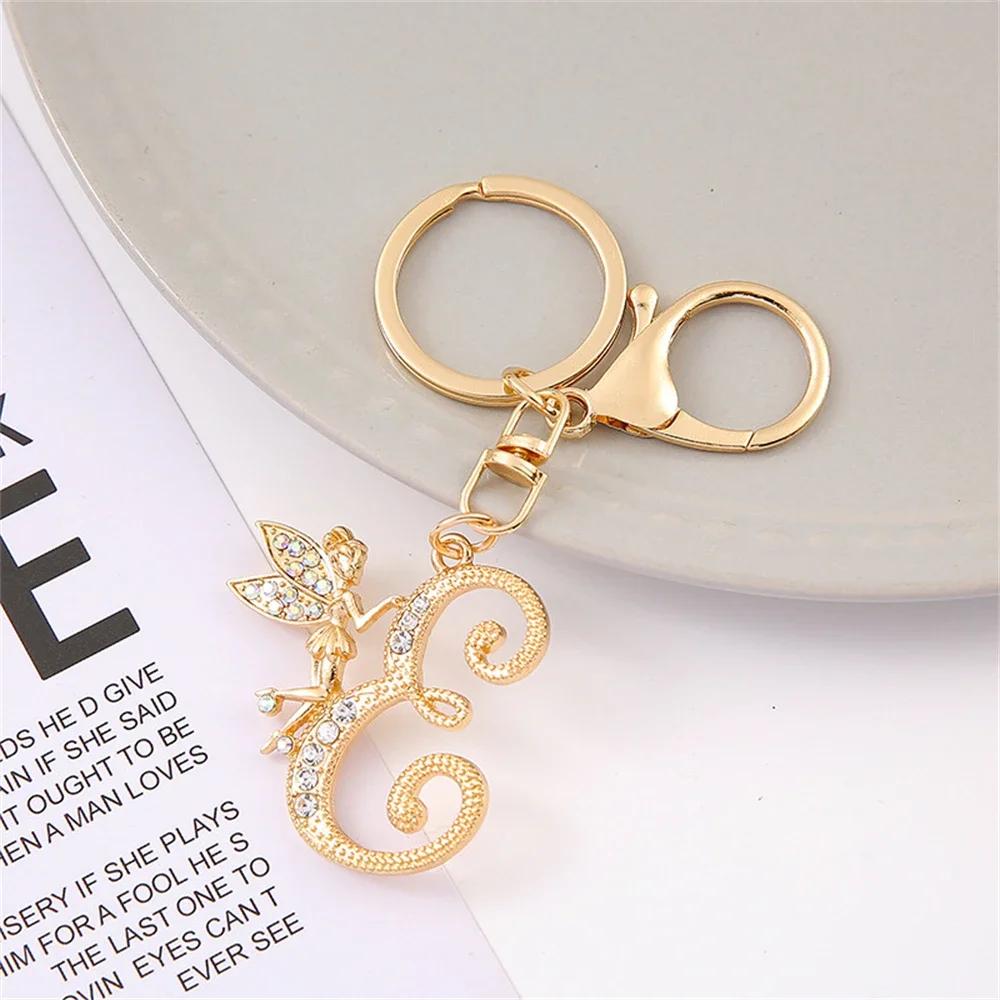 A-Z Rhinestone Elf Girl Letter Keychain Gold Color Initial Name Keyrings Girls Car Key Holder Handbag Purse Charms Decoration