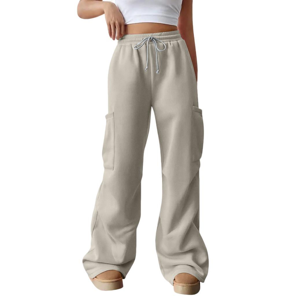 Women's Casual Fashion Color Elastic Waist Drawstring Pocket Wide-Leg Straight-Cut Joggers