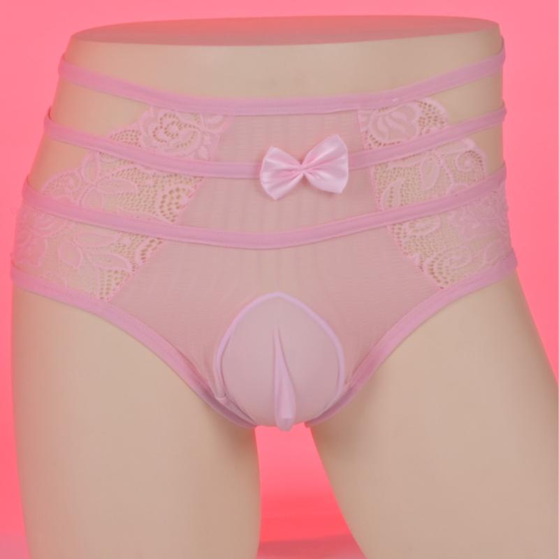 Men'S Sissy Panties Lace Sexy Bow Underwear Hollow See Through Lingerie Hip Lift Sheer Briefs High Waist Pouch Sheath Underpants