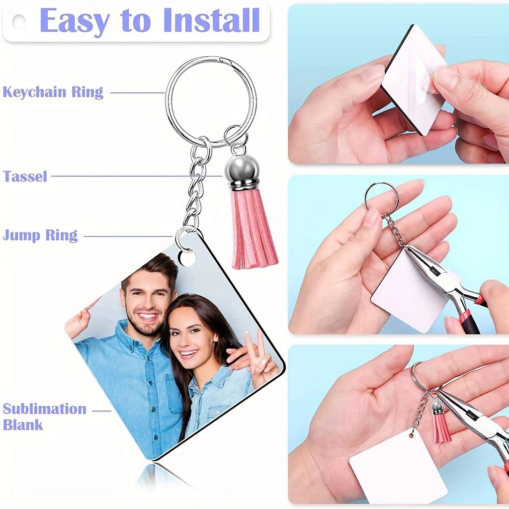 80 ks/sada akrylových čtvercových prázdných střapcových klíčenek, sada ručně vyráběných klíčenek